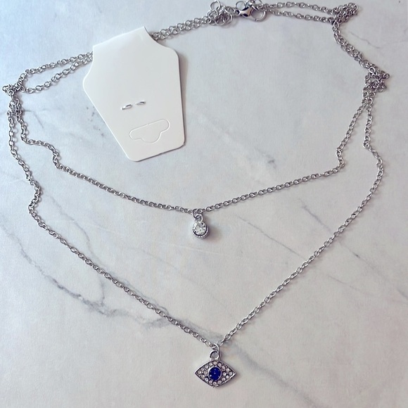 Blue Evil Eye Layered Silver Necklace - Picture 10 of 12